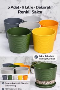 5’li 9 Litre Renkli Kırılmaz Saksı Seti + 1 Litre Sulama Hediyeli | Esnek Malzeme – Tabaksız - Görsel 4