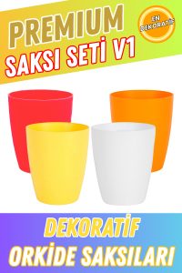 Premium Saksı Seti V1 – 4’lü Dekoratif Orkide Saksısı 1,25 L (Beyaz, Turuncu, Kırmızı, Sarı)