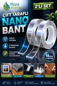 2'li Set Çift Taraflı Nano Bant 18mm x 2 Metre Güçlü Yapışkan Şeffaf İz Bırakmayan Yıkanabilir Montaj Bandı