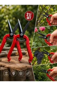 2’li Set Profesyonel Budama Makası – Keskin Çelik Bıçaklı, Yaylı Sistem, Ergonomik Bahçe Makası - Görsel 2